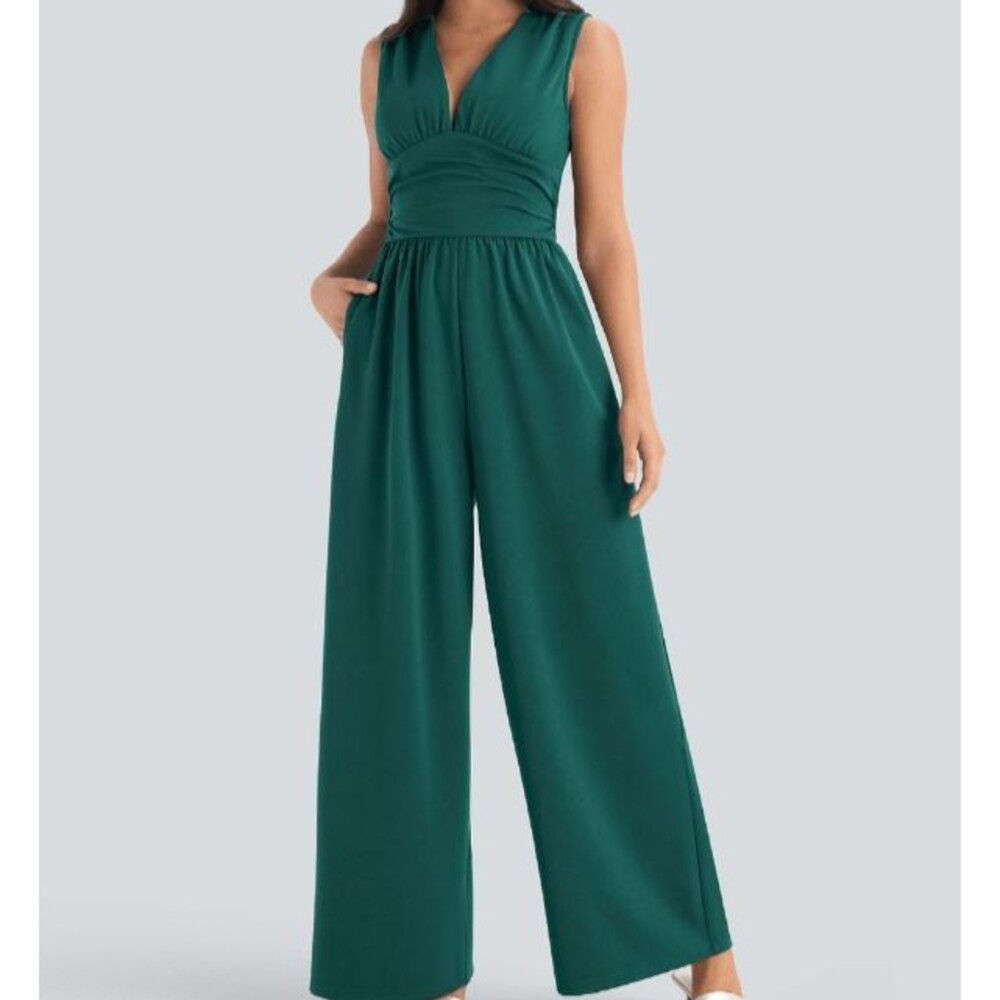 Halara Dark Green Deep V Wide Leg Built In Bra Easy Peezy Jumpsuit Size XL